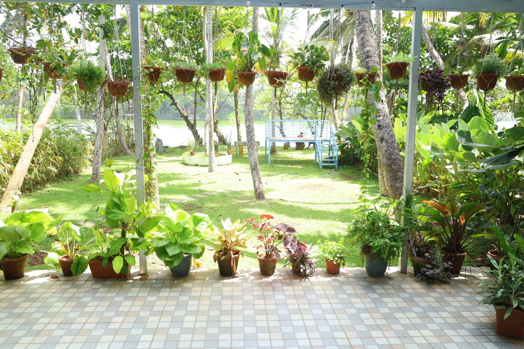 Garden seating with hanging plants