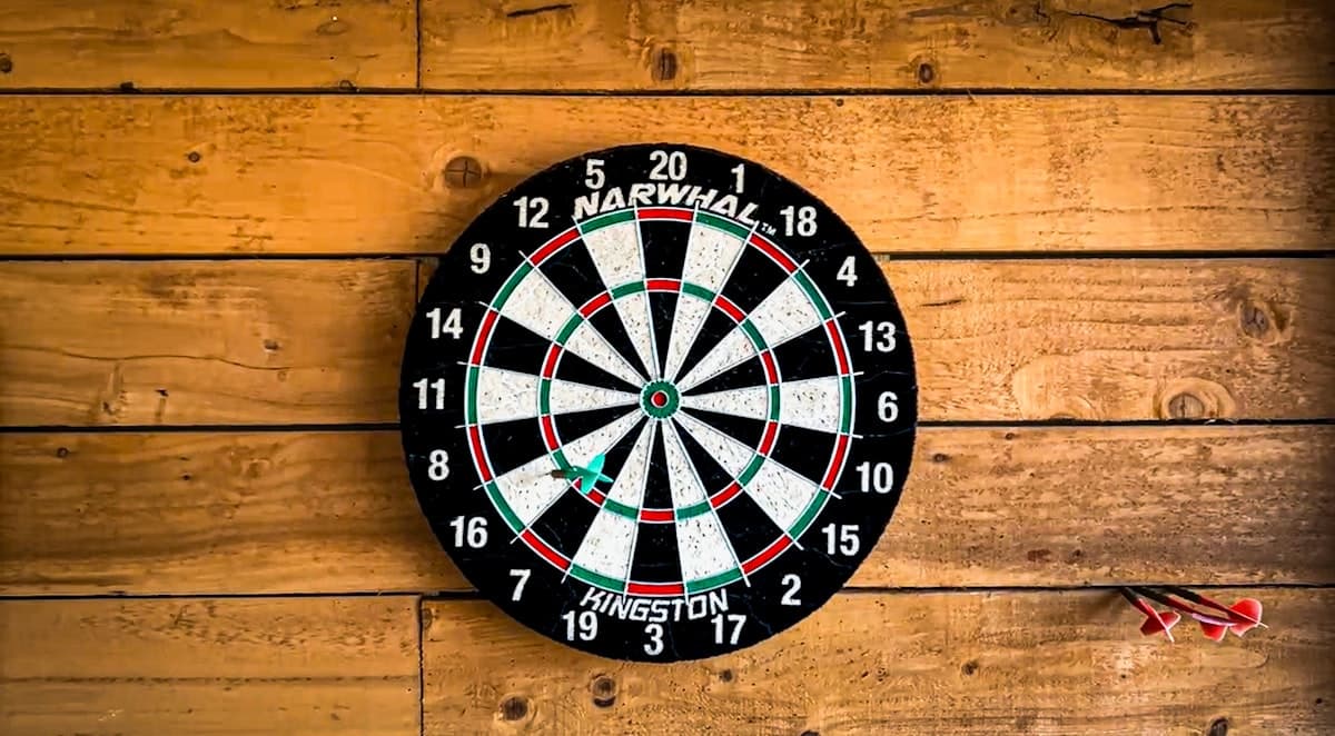 Dartboard mounted on warm wooden planks