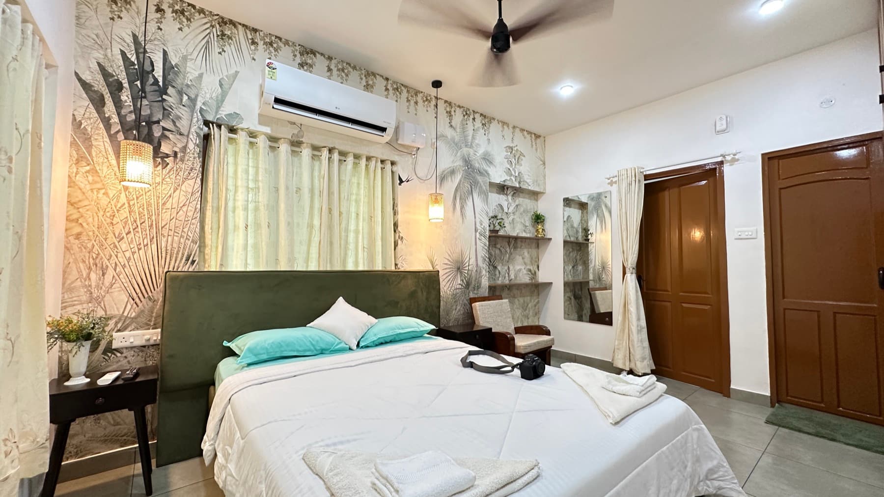 Premium Apartment bedroom with leaf-print wallpaper